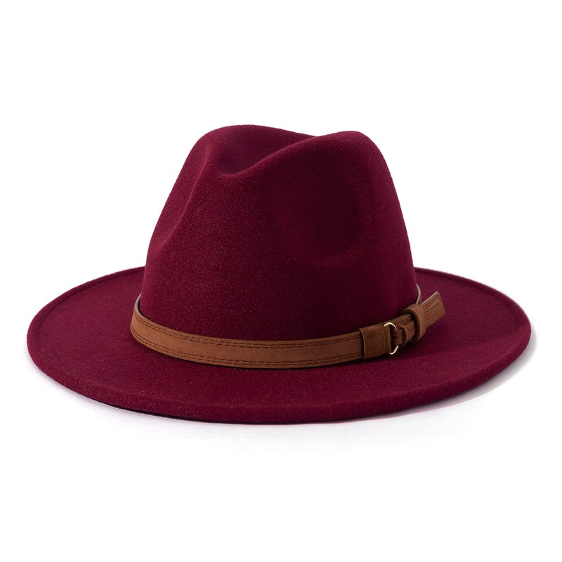 Lisianthus Men & Women Vintage Wide Brim Fedora Hat with Belt Buckle A-Wine 56-58cm - Image 1